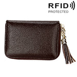 Carteira Porta-cartões em Pele de Vaca Genuína de Cor Sólida com Fecho de Correr, Bolsa Protetora com Bloqueio RFID, Porta-moedas com Pendente de Tassel e 15 Espaços para Cartões para Senhora, Tamanho: 11.1*7.6*3.5cm