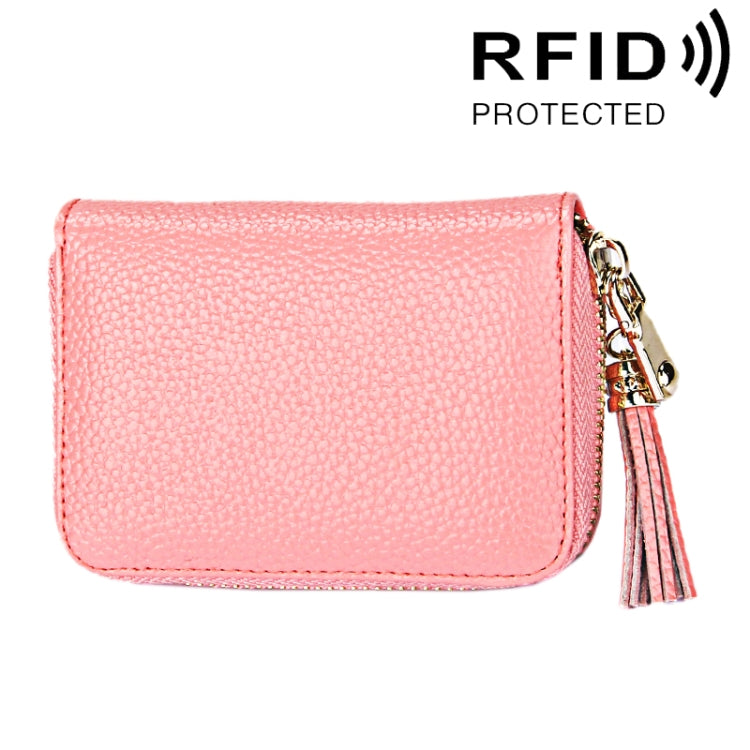 Carteira Porta-cartões em Pele de Vaca Genuína de Cor Sólida com Fecho de Correr, Bolsa Protetora com Bloqueio RFID, Porta-moedas com Pendente de Tassel e 15 Espaços para Cartões para Senhora, Tamanho: 11.1*7.6*3.5cm