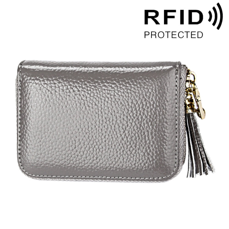 Carteira Porta-cartões em Pele de Vaca Genuína de Cor Sólida com Fecho de Correr, Bolsa Protetora com Bloqueio RFID, Porta-moedas com Pendente de Tassel e 15 Espaços para Cartões para Senhora, Tamanho: 11.1*7.6*3.5cm