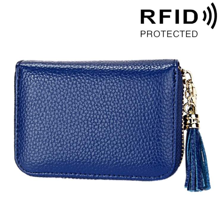 Carteira Porta-cartões em Pele de Vaca Genuína de Cor Sólida com Fecho de Correr, Bolsa Protetora com Bloqueio RFID, Porta-moedas com Pendente de Tassel e 15 Espaços para Cartões para Senhora, Tamanho: 11.1*7.6*3.5cm