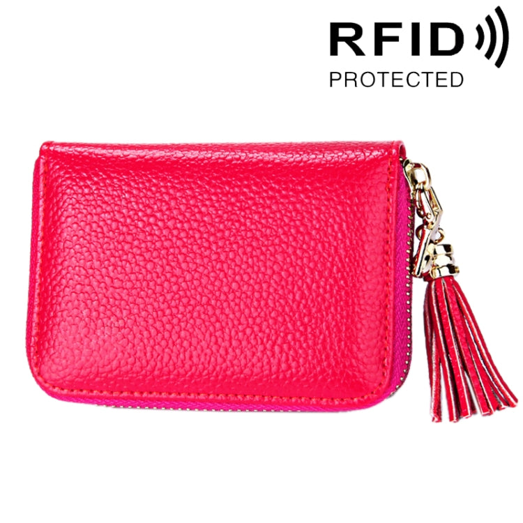 Carteira Porta-cartões em Pele de Vaca Genuína de Cor Sólida com Fecho de Correr, Bolsa Protetora com Bloqueio RFID, Porta-moedas com Pendente de Tassel e 15 Espaços para Cartões para Senhora, Tamanho: 11.1*7.6*3.5cm