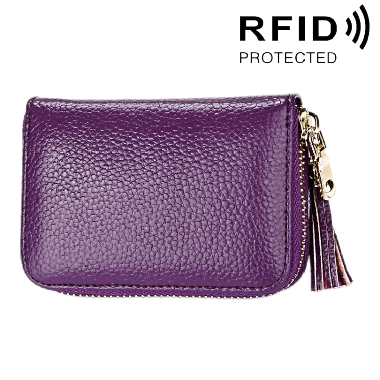 Carteira Porta-cartões em Pele de Vaca Genuína de Cor Sólida com Fecho de Correr, Bolsa Protetora com Bloqueio RFID, Porta-moedas com Pendente de Tassel e 15 Espaços para Cartões para Senhora, Tamanho: 11.1*7.6*3.5cm