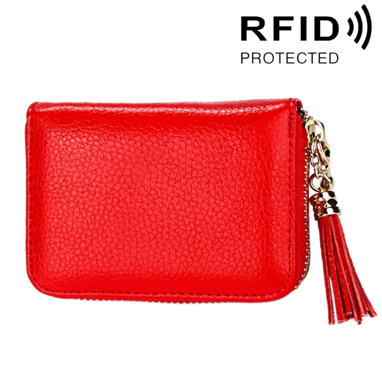 Carteira Porta-cartões em Pele de Vaca Genuína de Cor Sólida com Fecho de Correr, Bolsa Protetora com Bloqueio RFID, Porta-moedas com Pendente de Tassel e 15 Espaços para Cartões para Senhora, Tamanho: 11.1*7.6*3.5cm