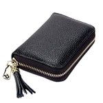 Carteira Porta-cartões em Pele de Vaca Genuína de Cor Sólida com Fecho de Correr, Bolsa Protetora com Bloqueio RFID, Porta-moedas com Pendente de Tassel e 15 Espaços para Cartões para Senhora, Tamanho: 11.1*7.6*3.5cm