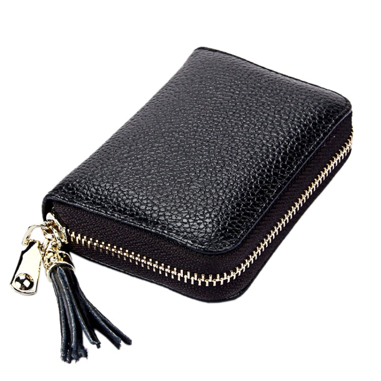 Carteira Porta-cartões em Pele de Vaca Genuína de Cor Sólida com Fecho de Correr, Bolsa Protetora com Bloqueio RFID, Porta-moedas com Pendente de Tassel e 15 Espaços para Cartões para Senhora, Tamanho: 11.1*7.6*3.5cm