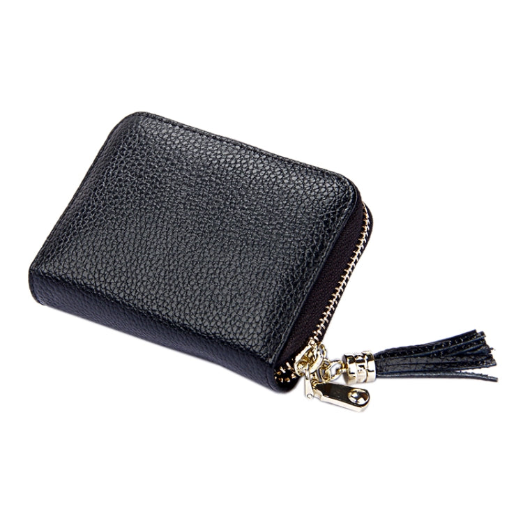 Carteira Porta-cartões em Pele de Vaca Genuína de Cor Sólida com Fecho de Correr, Bolsa Protetora com Bloqueio RFID, Porta-moedas com Pendente de Tassel e 15 Espaços para Cartões para Senhora, Tamanho: 11.1*7.6*3.5cm