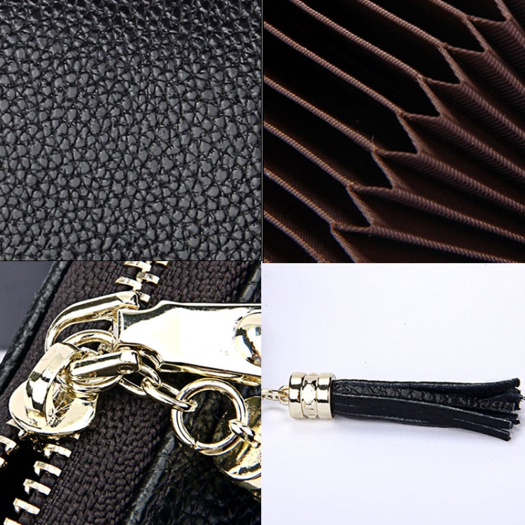 Carteira Porta-cartões em Pele de Vaca Genuína de Cor Sólida com Fecho de Correr, Bolsa Protetora com Bloqueio RFID, Porta-moedas com Pendente de Tassel e 15 Espaços para Cartões para Senhora, Tamanho: 11.1*7.6*3.5cm