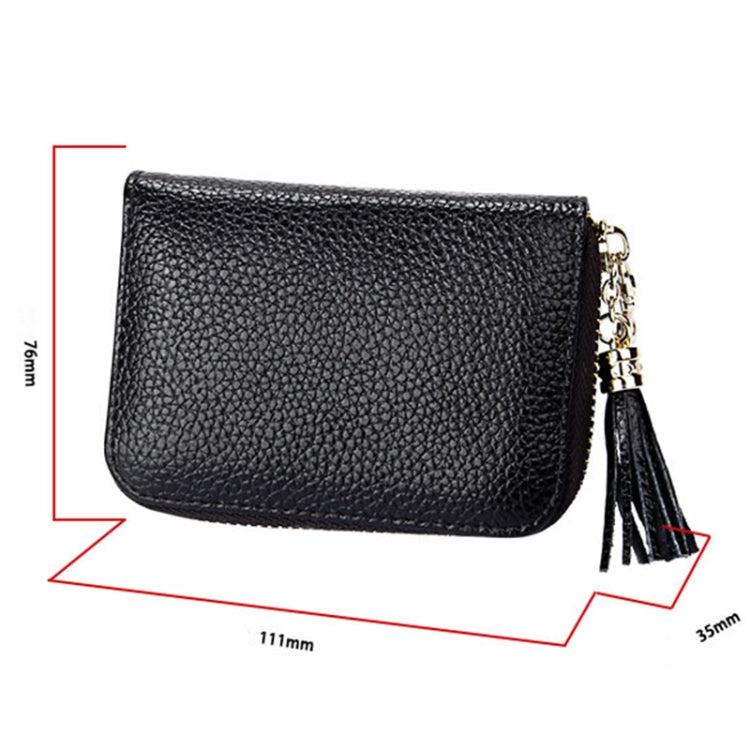 Carteira Porta-cartões em Pele de Vaca Genuína de Cor Sólida com Fecho de Correr, Bolsa Protetora com Bloqueio RFID, Porta-moedas com Pendente de Tassel e 15 Espaços para Cartões para Senhora, Tamanho: 11.1*7.6*3.5cm