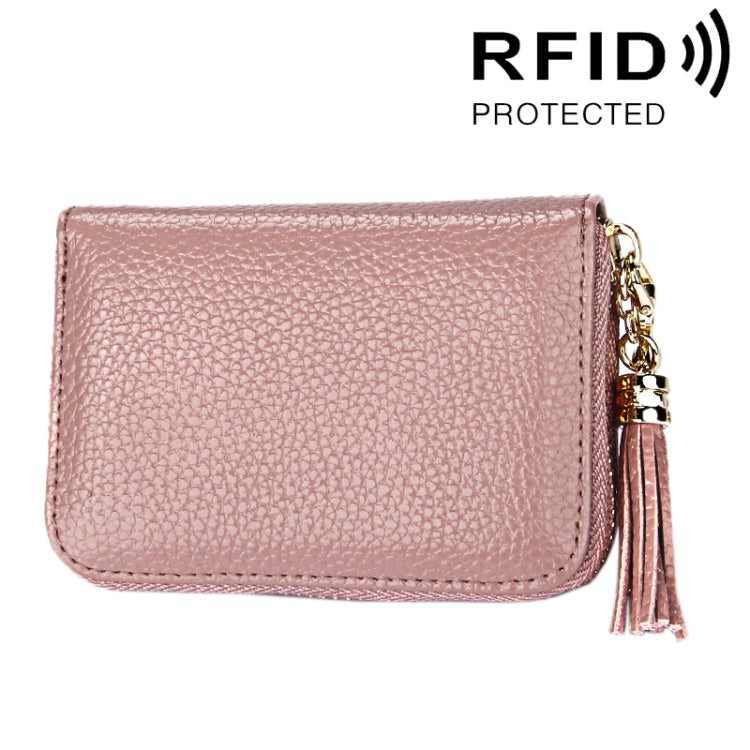 Carteira Porta-cartões em Pele de Vaca Genuína de Cor Sólida com Fecho de Correr, Bolsa Protetora com Bloqueio RFID, Porta-moedas com Pendente de Tassel e 15 Espaços para Cartões para Senhora, Tamanho: 11.1*7.6*3.5cm