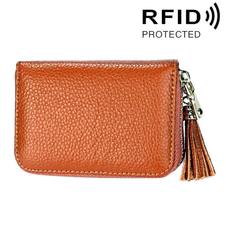 Carteira Porta-cartões em Pele de Vaca Genuína de Cor Sólida com Fecho de Correr, Bolsa Protetora com Bloqueio RFID, Porta-moedas com Pendente de Tassel e 15 Espaços para Cartões para Senhora, Tamanho: 11.1*7.6*3.5cm