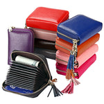 Carteira Porta-cartões em Pele de Vaca Genuína de Cor Sólida com Fecho de Correr, Bolsa Protetora com Bloqueio RFID, Porta-moedas com Pendente de Tassel e 15 Espaços para Cartões para Senhora, Tamanho: 11.1*7.6*3.5cm