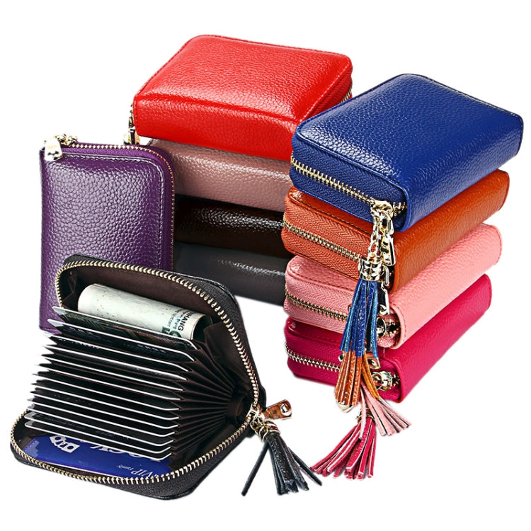 Carteira Porta-cartões em Pele de Vaca Genuína de Cor Sólida com Fecho de Correr, Bolsa Protetora com Bloqueio RFID, Porta-moedas com Pendente de Tassel e 15 Espaços para Cartões para Senhora, Tamanho: 11.1*7.6*3.5cm