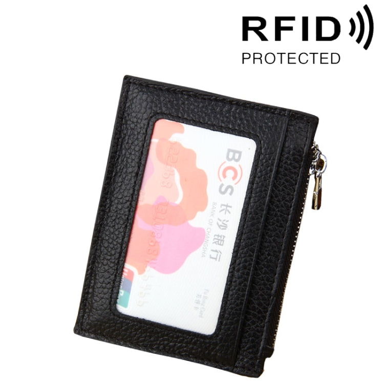 Carteira Porta-cartões com Fecho de Correr em Pele de Vaca de Cor Sólida, Bolsa Protetora com Bloqueio RFID, Porta-moedas, Tamanho: 11*8*1.5cm