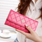 Carteira Feminina de Couro PU com Design Longo de 3 Dobras, Textura Argyle da Moda, Coroa Metálica
