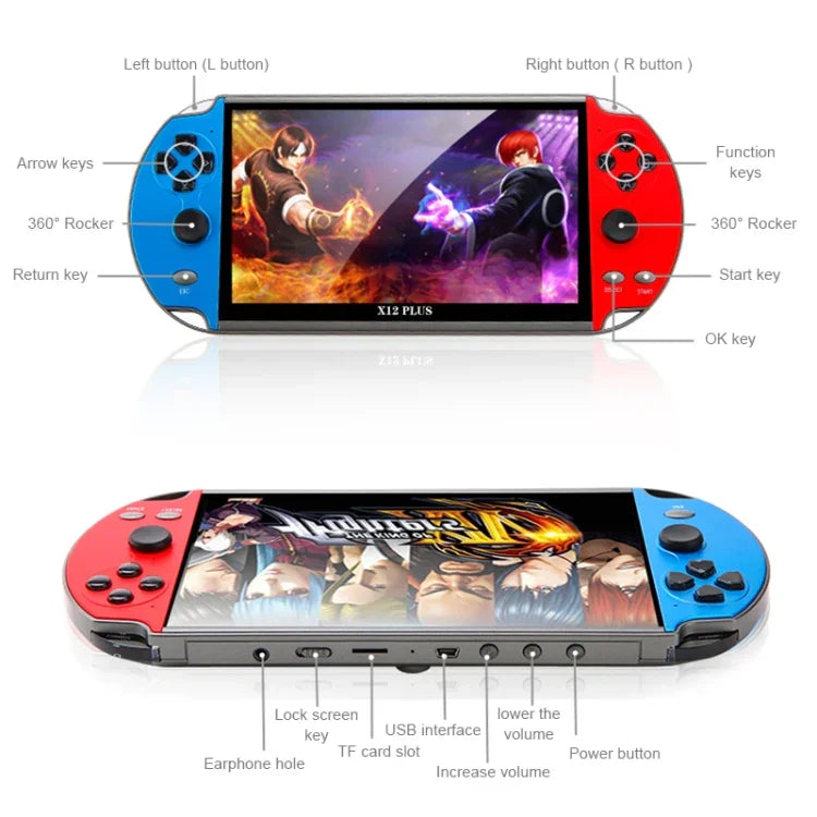 Consola de Jogos Portátil Retro Clássica Powkiddy X12 Plus com Ecrã HD de 7 polegadas e Memória de 16GB, Suporta MP4 / E-book, X12 Plus