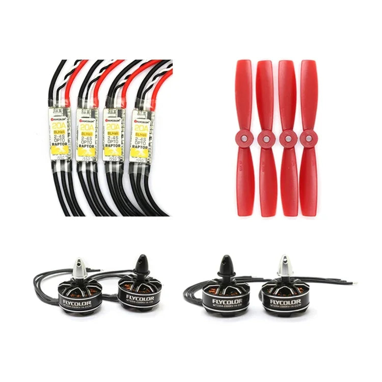 Conjunto de Potência Flycolor Série Raptor, Inclui 4 Controladores de Velocidade 20A + 4 Motores 2300KV + 4 Hélices 5045, 2300KV