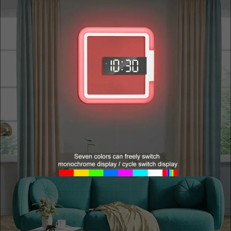 TS-S28-W Termómetro RGB Quadrado Multifuncional Relógio Digital com Alarme Relógio de Parede Oco LED, Termómetro RGB Relógio