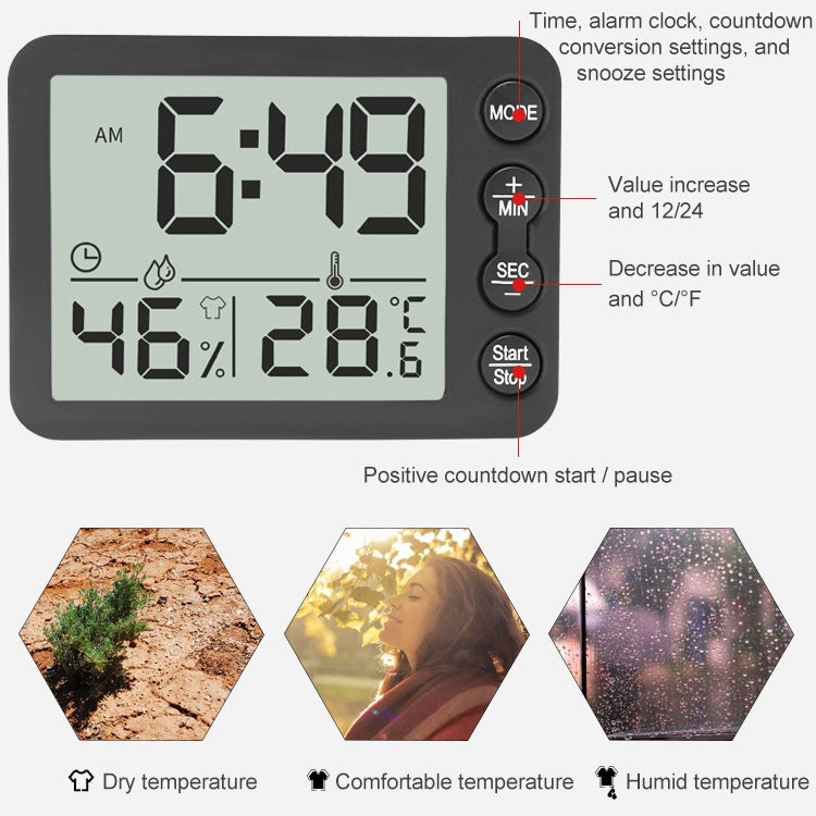 TS-9606-WR Temporizador de alarme com ecrã grande, medidor de temperatura e humidade (Branco e Vermelho)