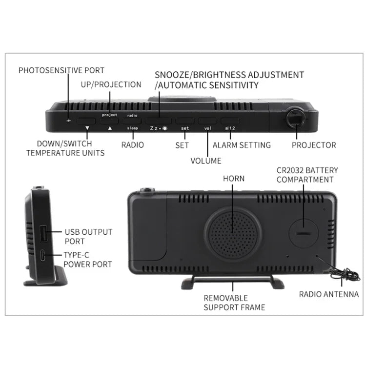 Relógio Despertador Digital com Projeção em Espelho TS-9210 com Rádio FM e Medidor de Temperatura e Humidade, TS-9210 com Rádio FM