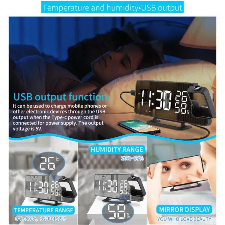 Relógio Despertador Digital com Projeção em Espelho TS-9210 com Rádio FM e Medidor de Temperatura e Humidade, TS-9210 com Rádio FM