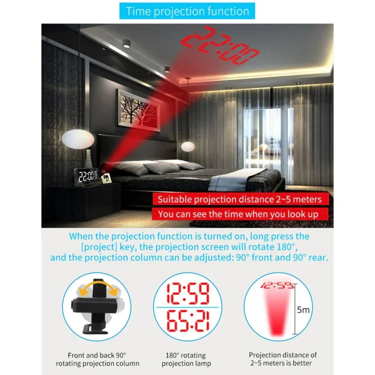 Relógio Despertador Digital com Projeção em Espelho TS-9210 com Rádio FM e Medidor de Temperatura e Humidade, TS-9210 com Rádio FM