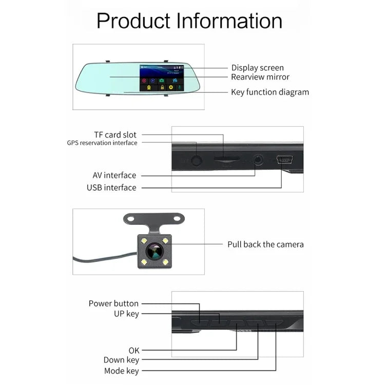 G705 Espelho Retrovisor com Ecrã Tátil LCD de 5 polegadas Gravador de Carro com Câmara Separada, Ângulo de Visão Largo de 170 Graus, Suporta Vídeo em Loop / Detecção de Movimento / Sensor G / Cartão TF, G705