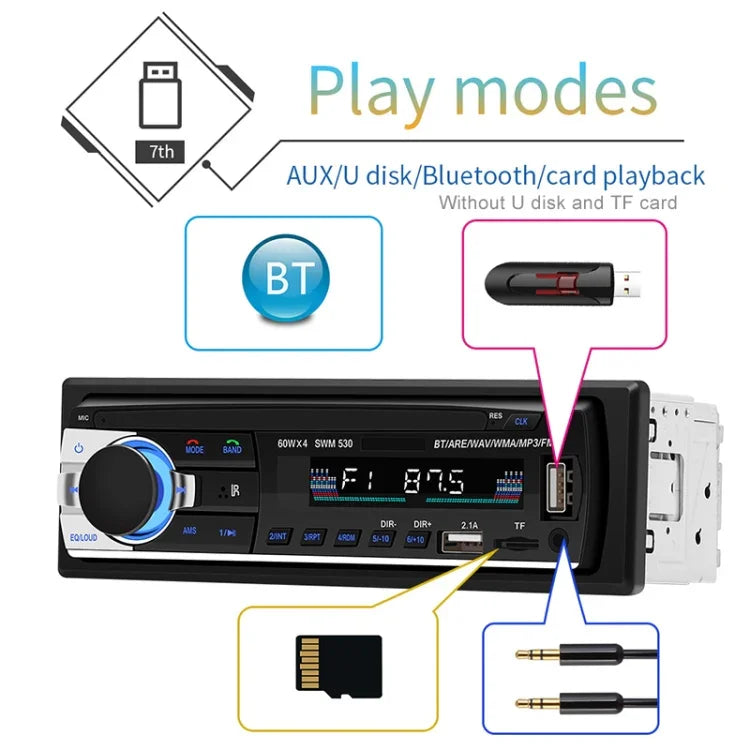 Carregador Duplo USB Universal para Carro 12V SWM-530 Receptor de Rádio MP3, Suporta FM e Bluetooth com Controlo Remoto, SWM-530