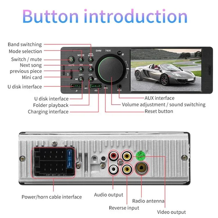 Receptor de Rádio Universal para Carro MP5 Player 4,1 polegadas 7805, Suporta FM & Bluetooth & Cartão TF com Controlo Remoto, 7805