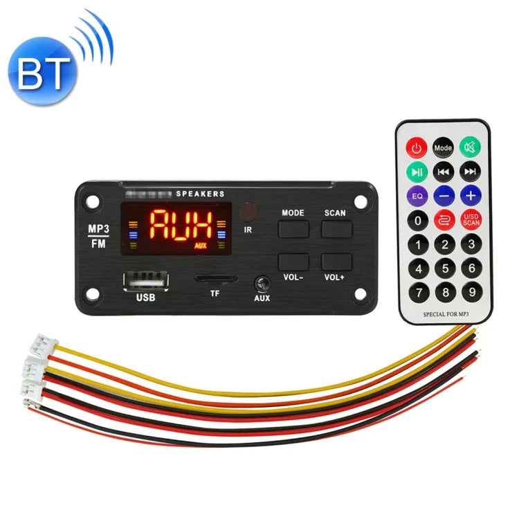 Placa Decodificadora de Áudio MP3 para Carro 12V com Ecrã a Cores, Bluetooth 5.0, Rádio FM, Cartão TF, USB, AUX 3,5mm, com Controlo Remoto, 12V