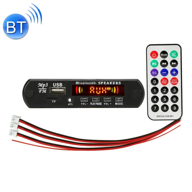 Placa Decodificadora de Leitor MP3 de Áudio para Carro 12V 2x3W Rádio FM TF USB AUX 3,5mm, com Bluetooth / Função de Gravação de Chamadas / Amplificador de Potência / Controlo Remoto, 12V