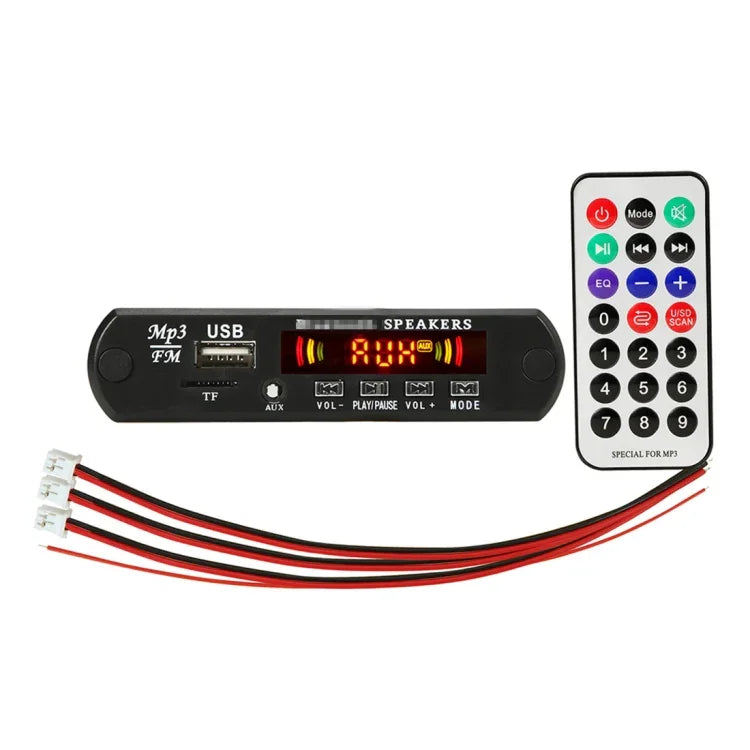 Placa Decodificadora de Leitor MP3 de Áudio para Carro 12V 2x3W Rádio FM TF USB AUX 3,5mm, com Bluetooth / Função de Gravação de Chamadas / Amplificador de Potência / Controlo Remoto, 12V