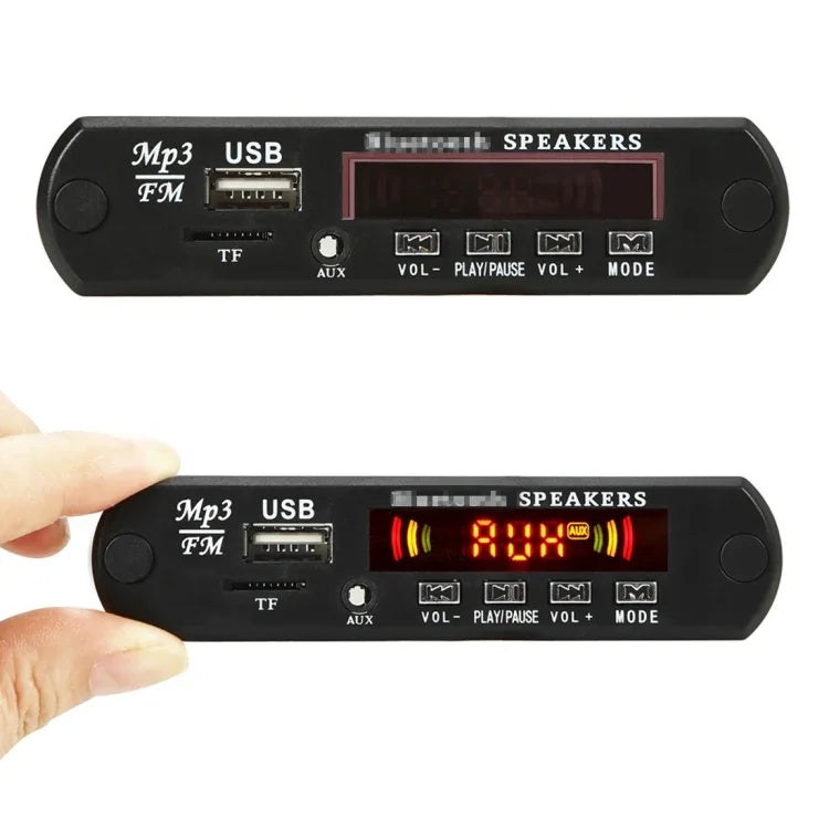 Placa Decodificadora de Leitor MP3 de Áudio para Carro 12V 2x3W Rádio FM TF USB AUX 3,5mm, com Bluetooth / Função de Gravação de Chamadas / Amplificador de Potência / Controlo Remoto, 12V