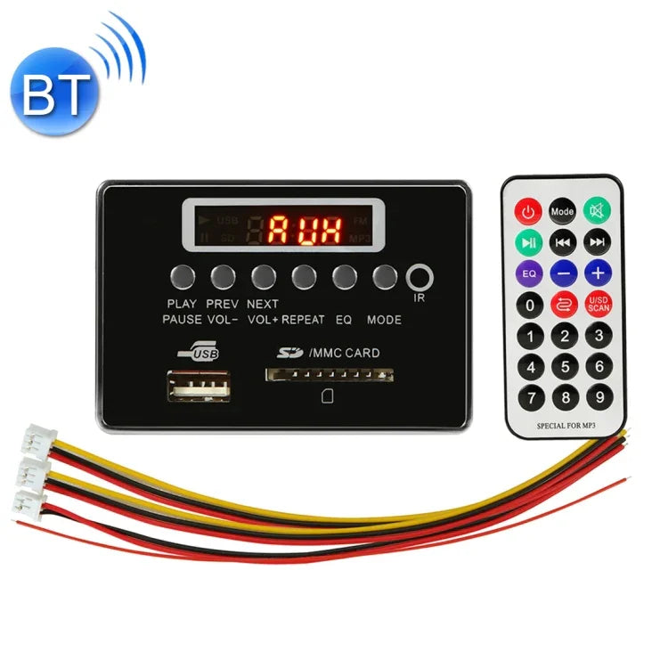 Placa Decodificadora de Leitor MP3 Áudio 12V para Carro Rádio FM Cartão SD USB AUX, com Bluetooth / Controlo Remoto, 12V, 12V (Cinza Prateado)