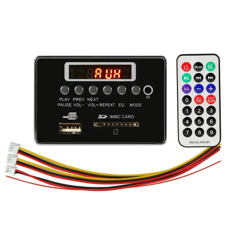 Placa Decodificadora de Leitor MP3 Áudio 12V para Carro Rádio FM Cartão SD USB AUX, com Bluetooth / Controlo Remoto, 12V, 12V (Cinza Prateado)