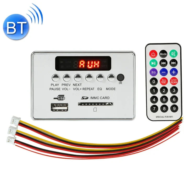 Placa Decodificadora de Leitor MP3 Áudio 12V para Carro Rádio FM Cartão SD USB AUX, com Bluetooth / Controlo Remoto, 12V, 12V (Cinza Prateado)