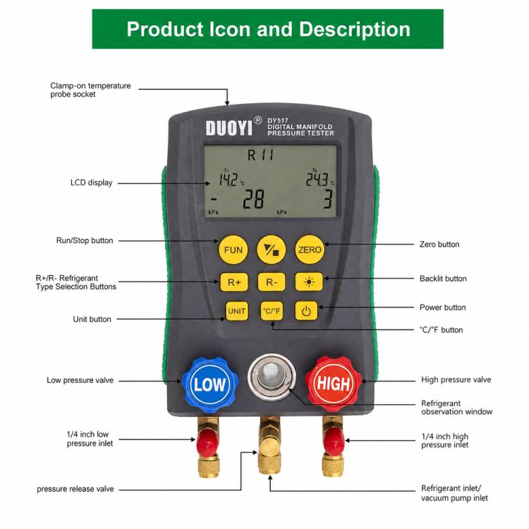 DUOYI DY517A Car Air Conditioning Diagnostic Instrument Temperature Monitor Fluoride Meter, DY517A