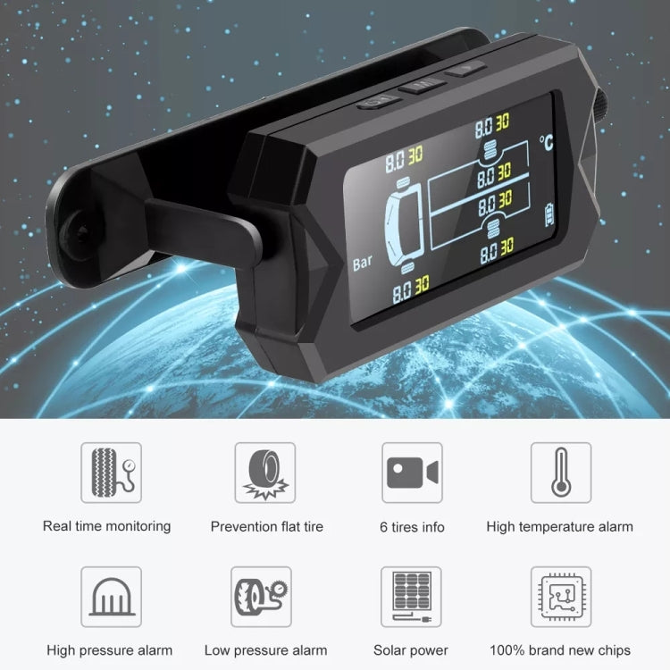 15Bar Solar Wireless Tire Pressure Monitoring System TPMS 6 External Sensors for 6-wheel Truck Bus, 15Bar