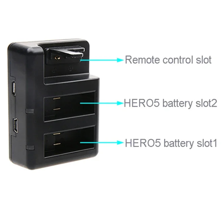 Carregador Duplo de Baterias + Carregador de Comando Remoto com Cabo USB para GoPro HERO7 Black /6 /5 (AHDBT-501), Baterias não incluídas, Carregador de Bateria+Comando Remoto