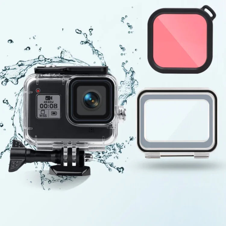 Estojo à Prova de Água 45m + Tampa Traseira Tátil + Filtro de Lente Colorido para GoPro HERO8 Black, Estojo + Tampa Tátil + Filtro Rosa para GoPro8, Estojo + Tampa Tátil + Filtro Roxo para GoPro8, Estojo + Tampa Tátil + Filtro Vermelho para GoPro8
