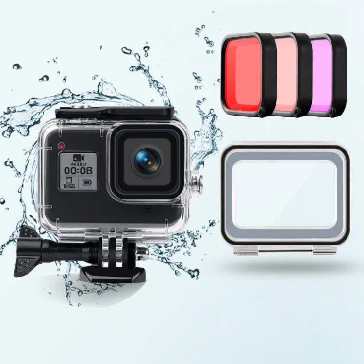 Estojo à Prova de Água 45m + Tampa Traseira Tátil + Filtro de Lente Roxo Vermelho Rosa para GoPro HERO8 Black, Estojo + Tampa Tátil + Filtro Tricolor para GoPro 8