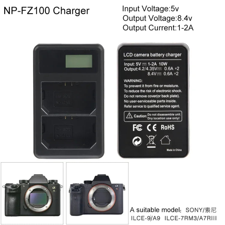 Carregador de Bateria Digital de Duplo Canal com Ecrã LCD e Porta USB para Bateria Sony NP-FZ100, Compatível com Sony A9 (ILCE-9), Dupla Bateria NP-FZ100