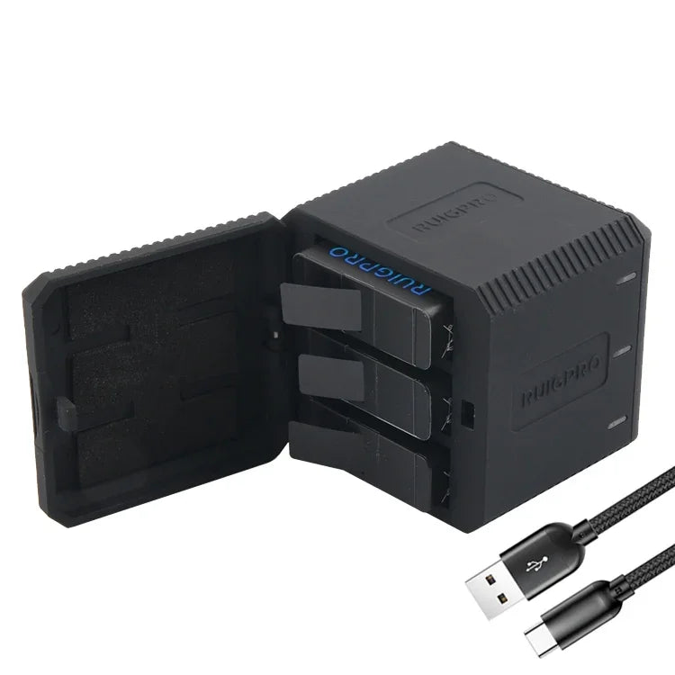 Caixa Carregadora RUIGPRO para Três Baterias USB com Cabo USB & Luz Indicadora LED para GoPro HERO6 /5