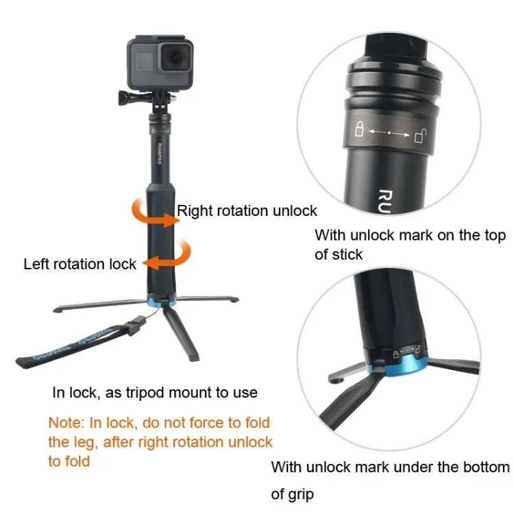 Suporte de Tripé Dobrável Portátil Bastão Selfie Monopé para GoPro, Insta360, DJI e Outras Câmaras de Ação, Comprimento: 23.5-81cm, RUIGPRO