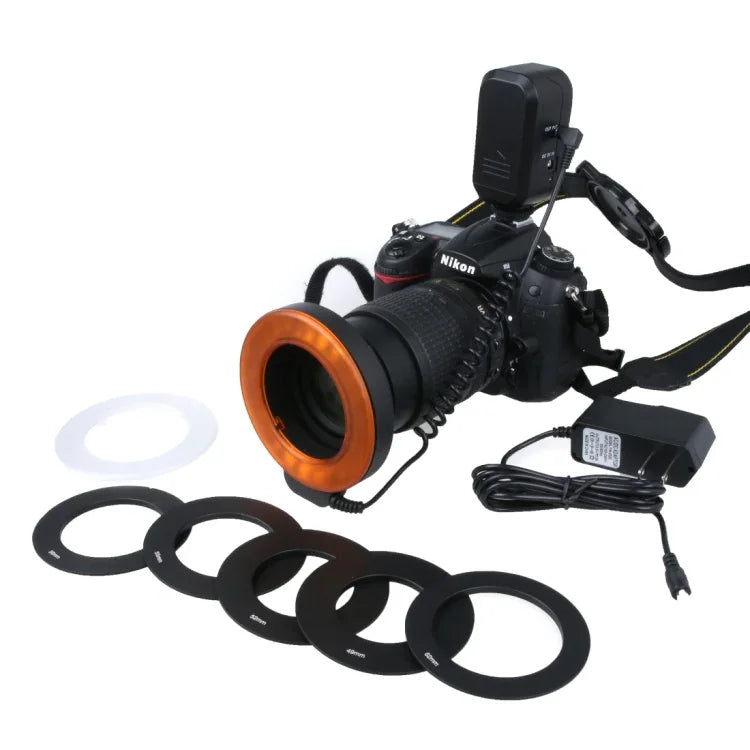 Luz de Flash LED Circular com 48 LEDs e 6 Anéis Adaptadores (49mm/52mm/55mm/58mm/62mm/67mm) para Lente Macro