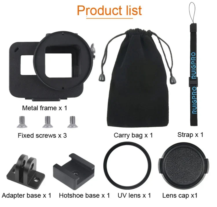 Estrutura CNC em Liga de Alumínio com Gaiola Protetora e Moldura de Segurança & Lente UV 52mm para GoPro HERO7 Black /6 /5, 52mm UV Preto