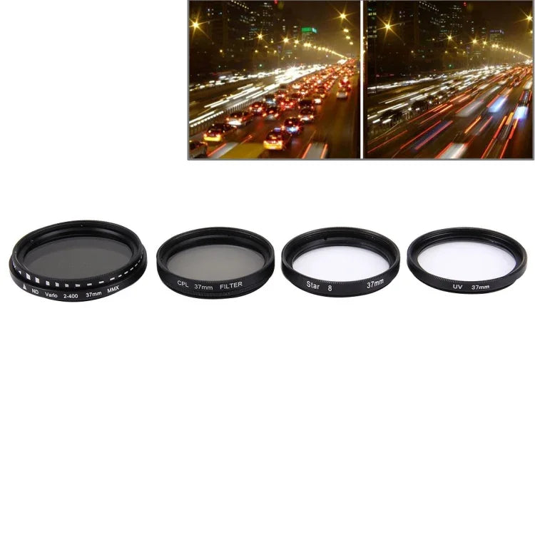 Filtro de Lente Profissional JUNESTAR 4 em 1 de 37mm (CPL + UV + ND2-400 + Estrela 8) para GoPro & Xiaomi Xiaoyi Yi Câmera de Ação, Lente 4 em 1 de 37mm