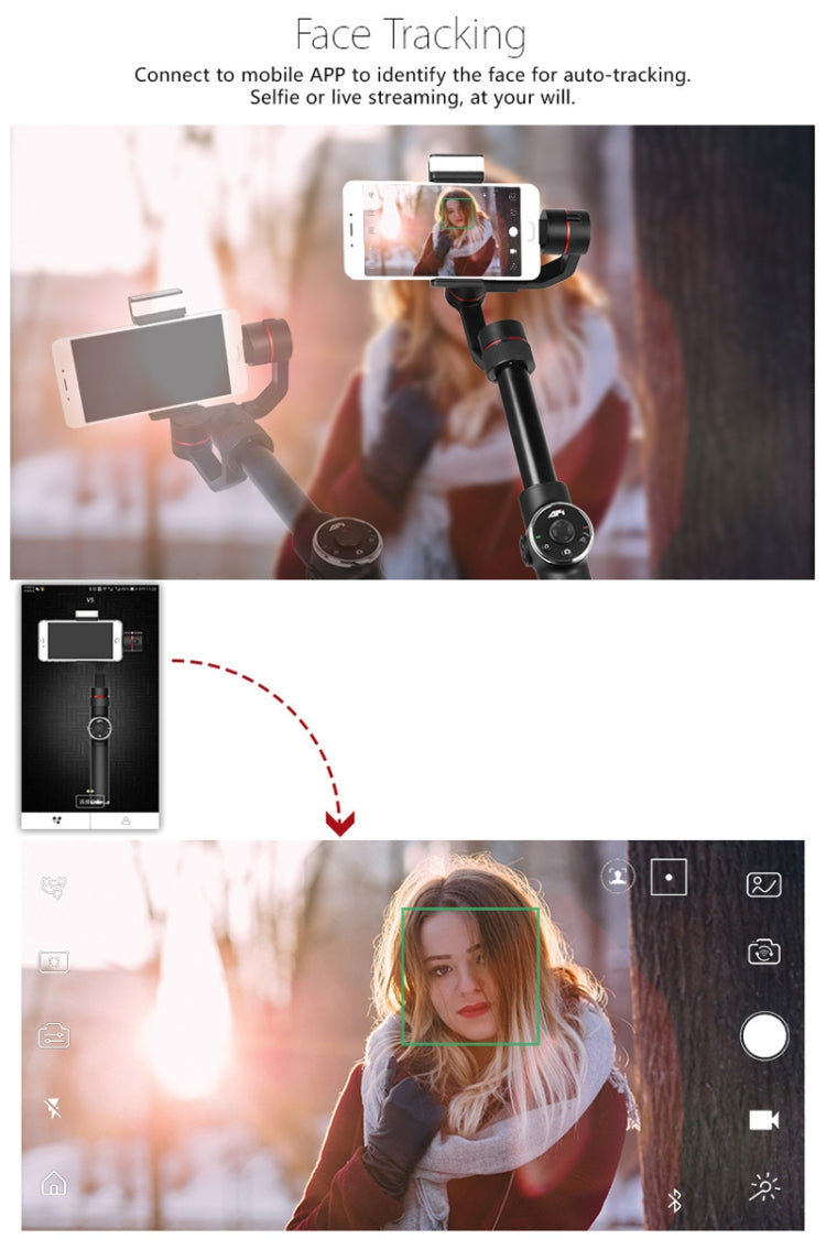 AFI V5 Estabilizador Gimbal de Alumínio Sem Escovas de 3 Eixos para Mão com Suporte para Tripé e Luz de Preenchimento para Smartphones até 6 polegadas, Suporta Rastreamento Facial