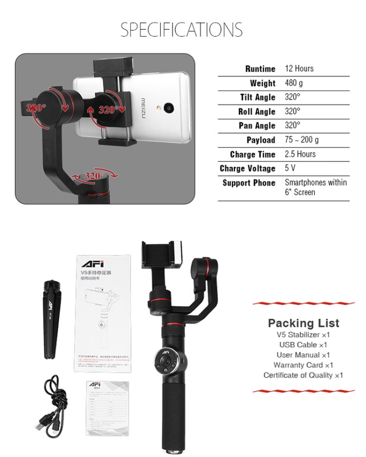 AFI V5 Estabilizador Gimbal de Alumínio Sem Escovas de 3 Eixos para Mão com Suporte para Tripé e Luz de Preenchimento para Smartphones até 6 polegadas, Suporta Rastreamento Facial