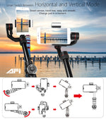 AFI V5 Estabilizador Gimbal de Alumínio Sem Escovas de 3 Eixos para Mão com Suporte para Tripé e Luz de Preenchimento para Smartphones até 6 polegadas, Suporta Rastreamento Facial