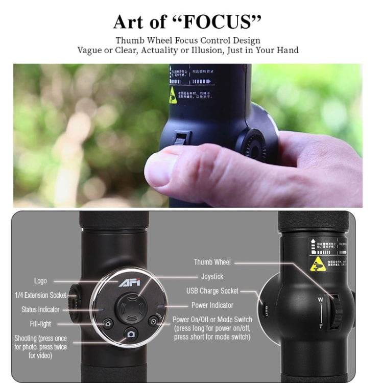 AFI V5 Estabilizador Gimbal de Alumínio Sem Escovas de 3 Eixos para Mão com Suporte para Tripé e Luz de Preenchimento para Smartphones até 6 polegadas, Suporta Rastreamento Facial